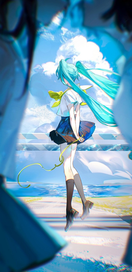 Hatsune Miku in a school uniform by the sea