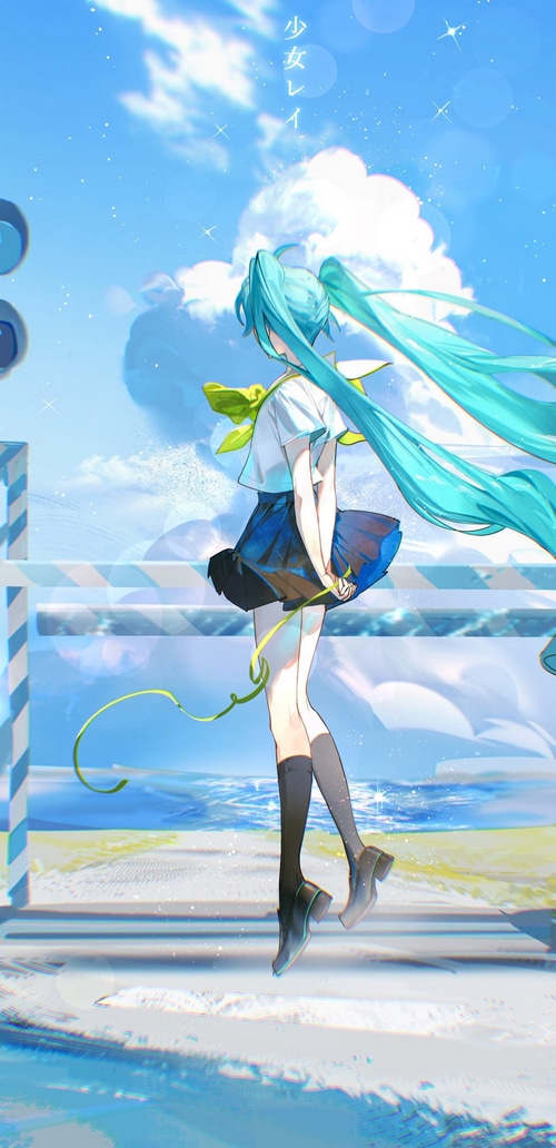 Hatsune Miku in a school uniform by the sea