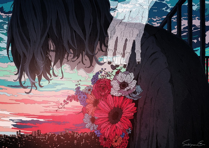 Sakiyama anime boy with flowers over city skyline