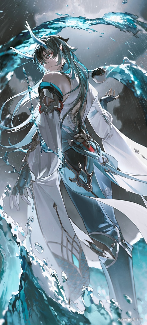 Dan Heng from Honkai: Star Rail with water and rain