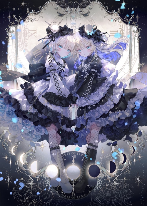 Two anime girls in gothic Lolita dresses with clock background