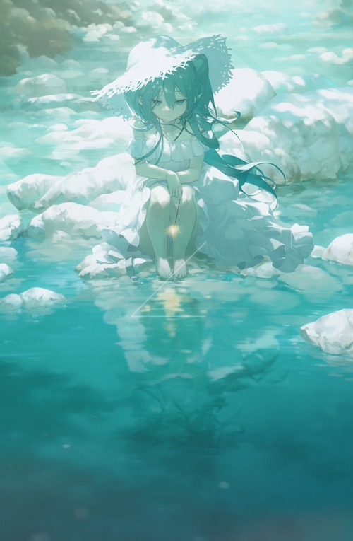 Hatsune Miku sitting on rocks by the water