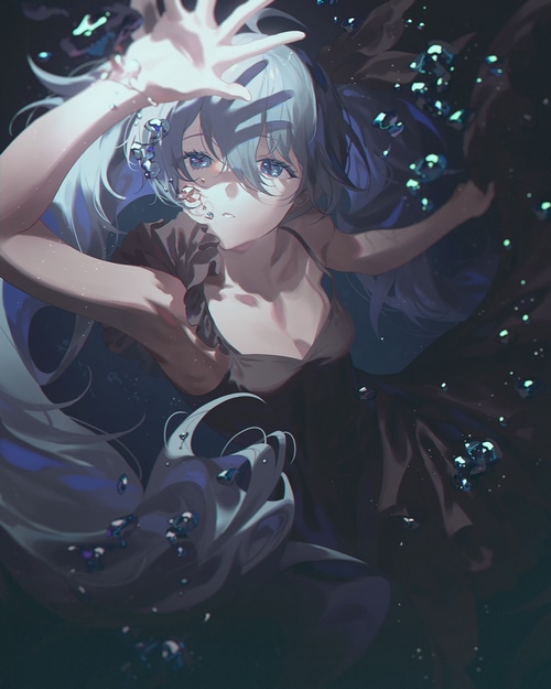 Hatsune Miku underwater with bubbles and blue hair