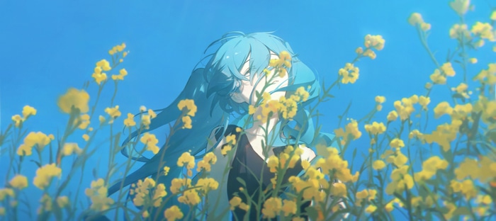 Hatsune Miku in a field of yellow flowers