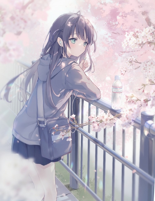 Anime girl with earphones and bag near cherry blossoms