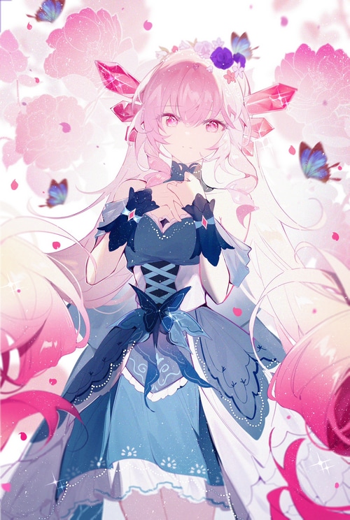 Anime girl with pink hair and butterfly dress
