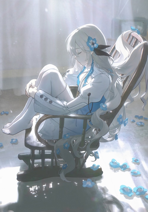 Anime girl with white hair and blue flowers in a chair