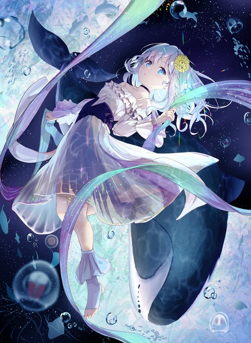 Girl with whale and jellyfish underwater