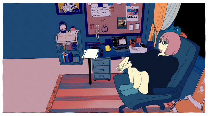 Girl with glasses in a room with a laptop and carpet