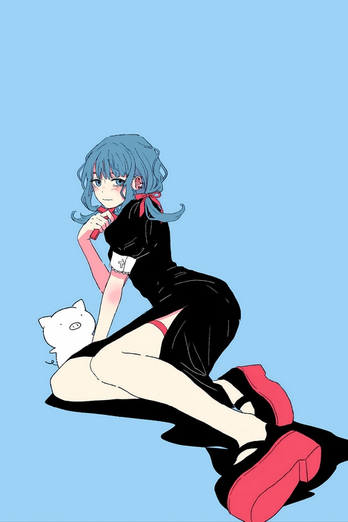 4K anime girl with blue hair and pig