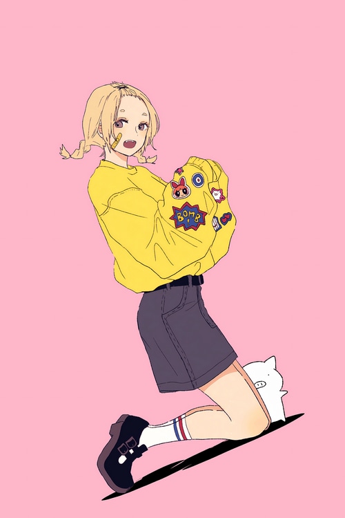 Girl with Powerpuff Girls patches on yellow hoodie