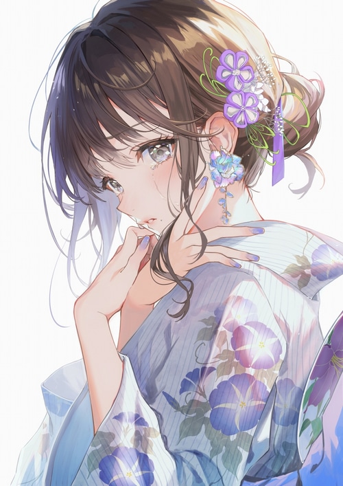 Crying anime girl in kimono with flowers in hair