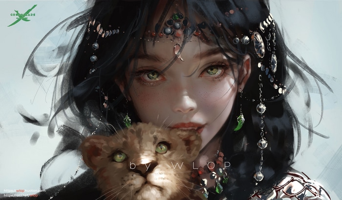 Woman with a lion cub by WLOP