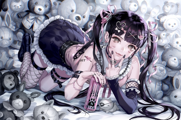 Gothic Girl with Nyan Energy Drink and Teddy Bears
