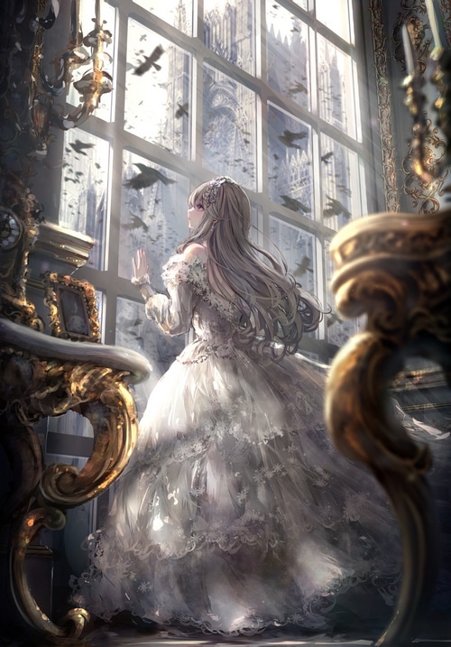 Girl in a white dress looking out a window at birds