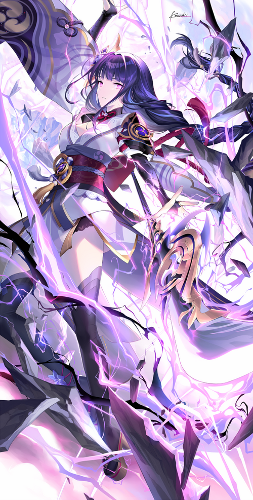 Raiden Shogun from Genshin Impact surrounded by lightning