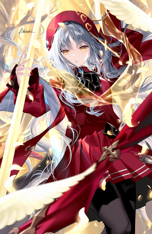 Anime girl with silver hair and red hood holding a sword