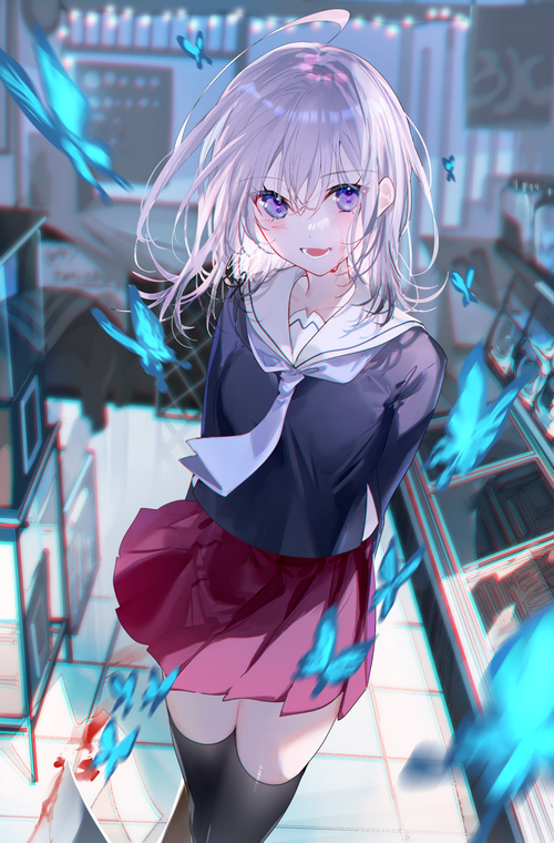 Schoolgirl with blood and butterflies