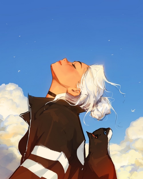 Sam Yang's illustration of a woman and a cat looking up at the sky