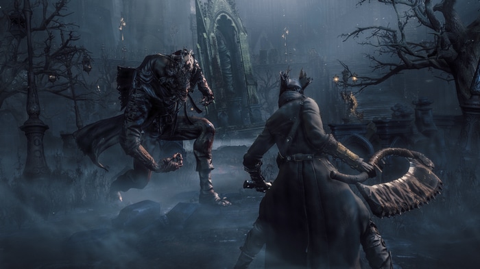 4K Bloodborne screenshot of a hunter fighting a creature