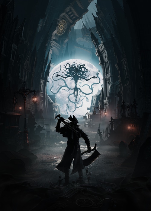 Bloodborne Hunter faces a creature under the moon