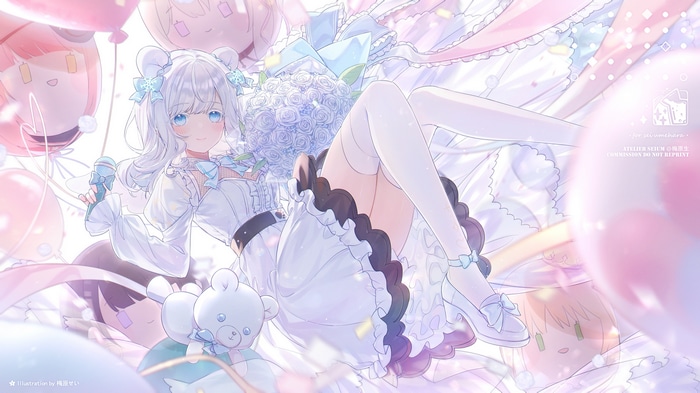 Girl with Blue Eyes and White Hair Holding Flowers and Microphone