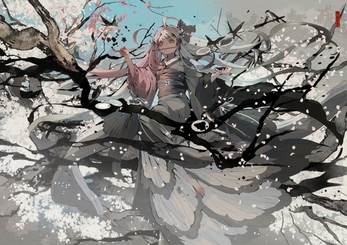 Girl in Kimono with Birds and Cherry Blossoms
