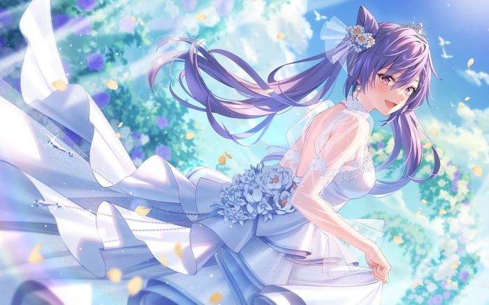Keqing in a wedding dress with purple hair and eyes