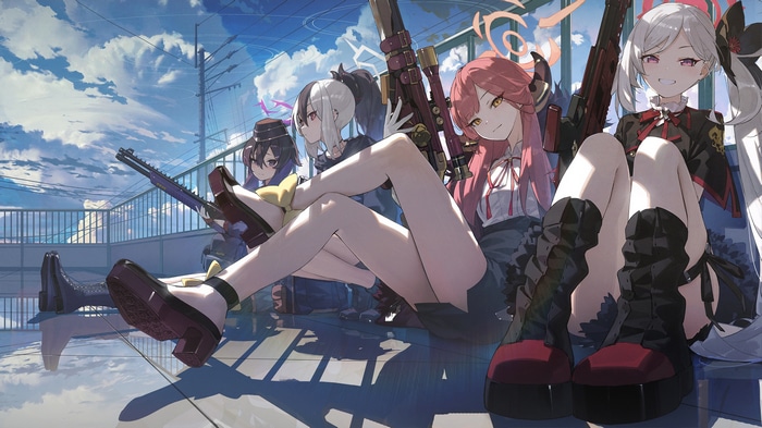 Blue Archive girls with sniper rifles on a rooftop