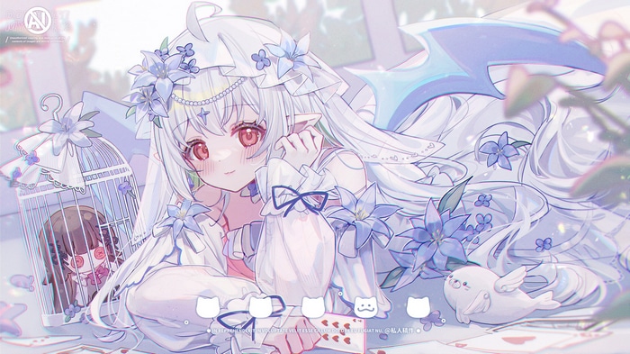 Anime girl with flowers and a bird
