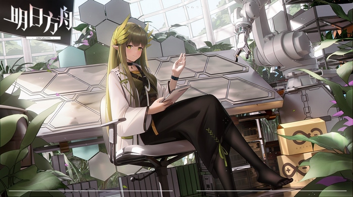 Muelsyse sitting in a futuristic laboratory with plants
