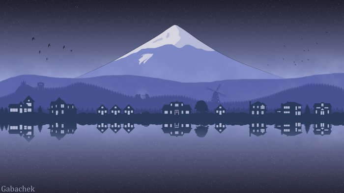 Night landscape with snow-capped mountain and village reflection