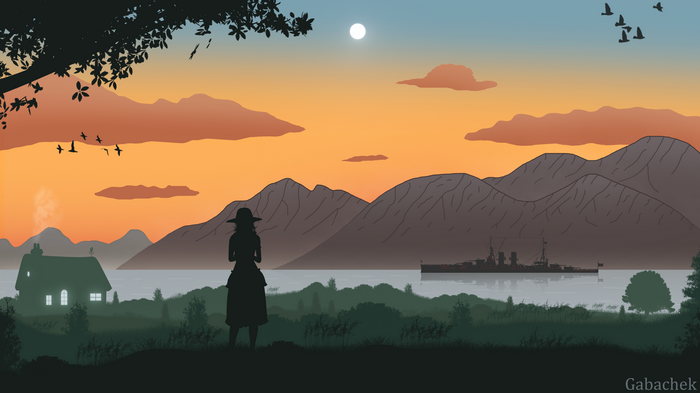 Woman watching sunset over mountains with ship and house
