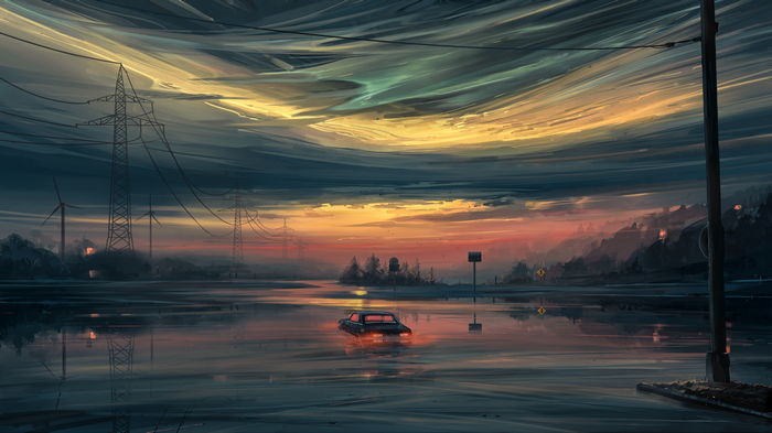 4K illustration of a car driving through flooded road at sunset