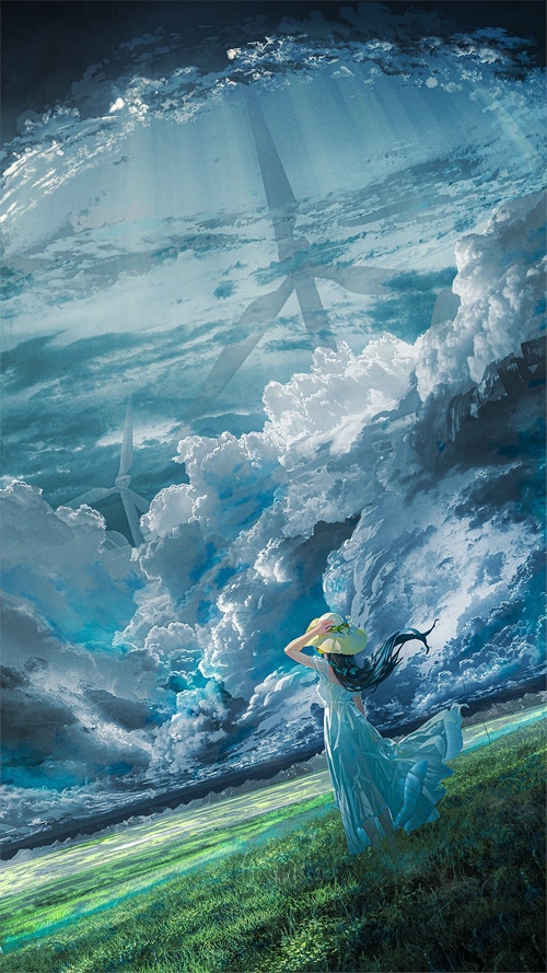 Girl in a sun hat looking at windmills in the clouds
