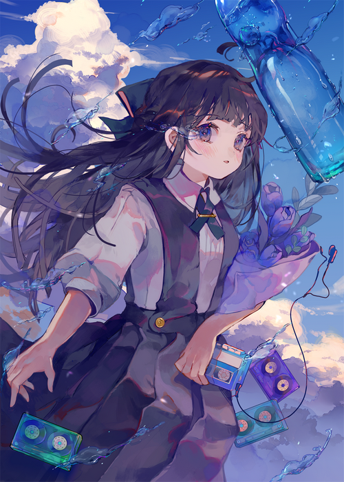Girl with Cassette Player and Flowers in the Sky
