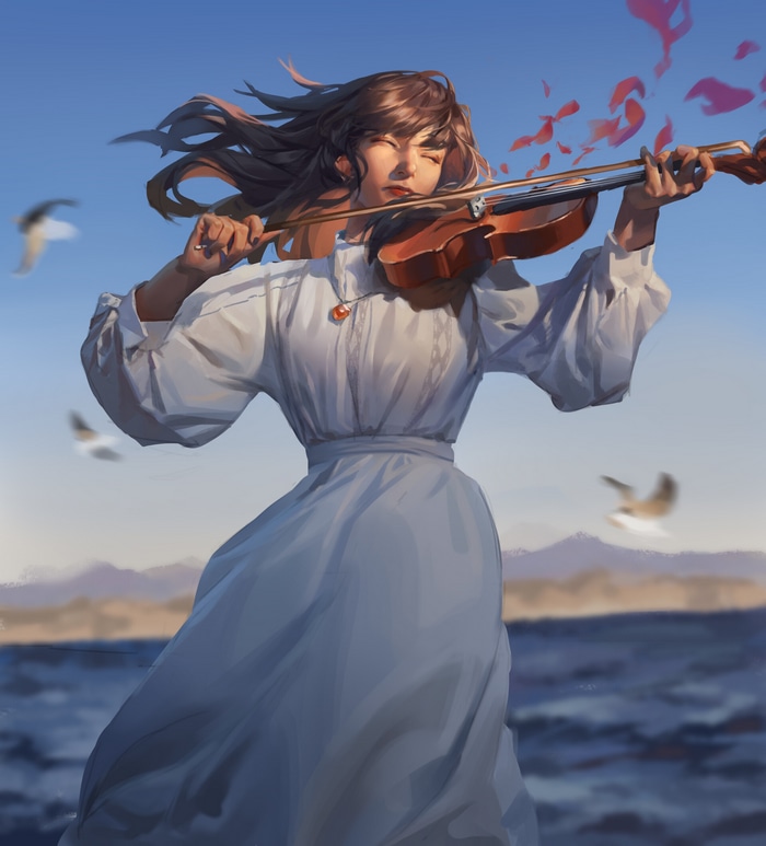 Woman playing violin with petals and birds