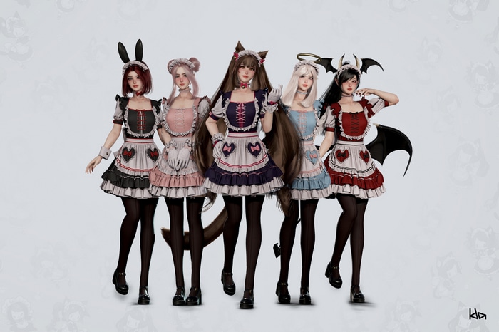 Five women in maid outfits with animal ears