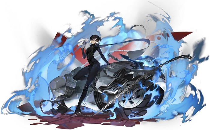 Makoto Niijima with Motorcycle and Blue Flames