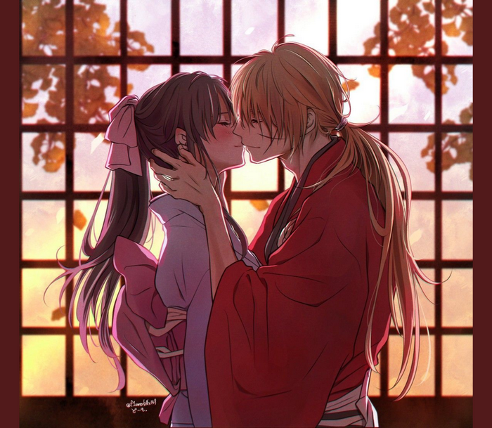 Himura Kenshin and Kamiya Kaoru kissing