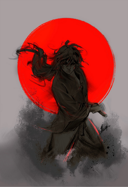Himura Kenshin with a red sun background