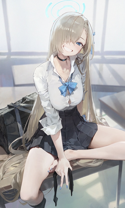 Asuna Ichinose from Blue Archive sitting at a desk