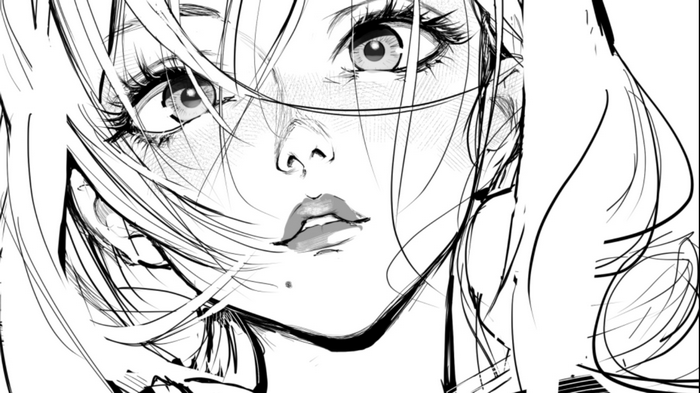 Monochrome anime sketch of a woman's face