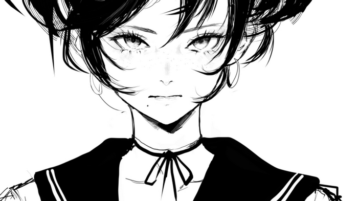 Monochrome anime girl with hoop earrings and choker