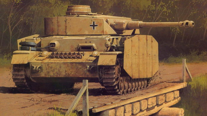Panzer IV tank crossing a wooden bridge