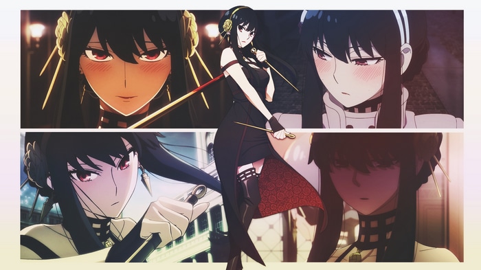 Yor Forger with weapons in Spy x Family collage