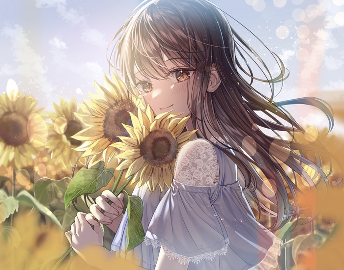 Girl in Sunflower Field with Sunlight