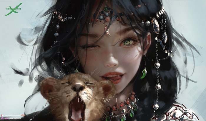 Woman with lion cub by WLOP