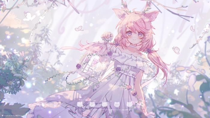 Anime girl with pink hair and deer antlers holding a birdcage