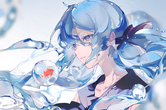 Anime girl with blue hair and blue eyes surrounded by water